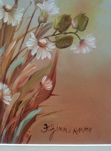 Pintura al óleo floral flores de margarita mate y firmada por F. Zimmerman - Imagen 3 de 7