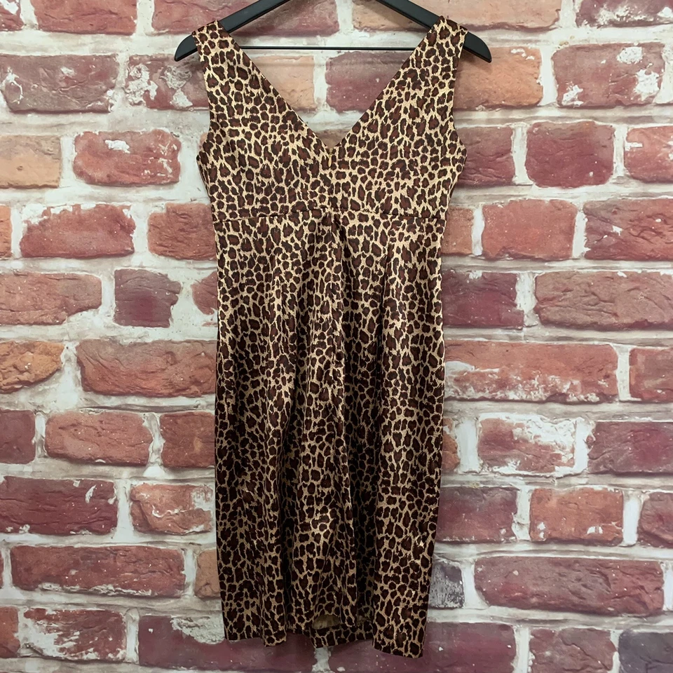 Vestido vintage Jessica Howard para mujer 6 pequeño marrón tostado satinado estampado animal cremallera Foto 2 de 4