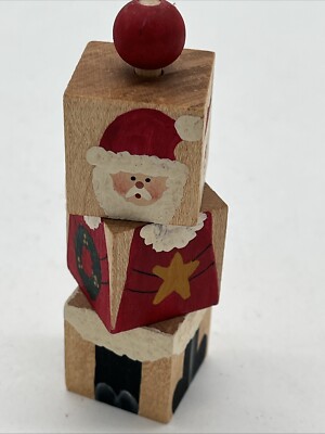 Vintage Wooden Santa 3 Block Hand Painted Rotating Puzzle Christmas Shelf Sitter