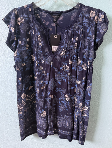LUCKY BRAND Women's Large Ruffle Cap Sleeve V-Neck Blue Floral Blouse Top NWT