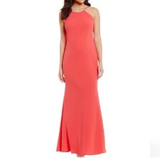 Calvin Klein Gorgeous Goddess WATERMELON Coral Halter long Dress, Size 6 Small