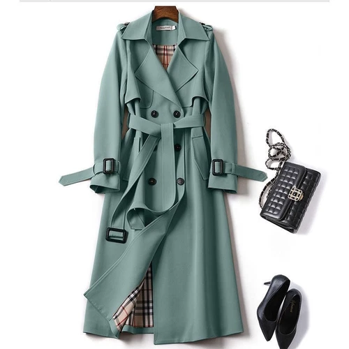 Women's Double Breasted Long Trench Coat Windproof Classic Lapel Belted Overcoat - Picture 14 of 25
