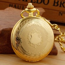 Gold Smooth Shield Round Case Mens Quartz Pocket Watch W/Chain Roman Number Dial