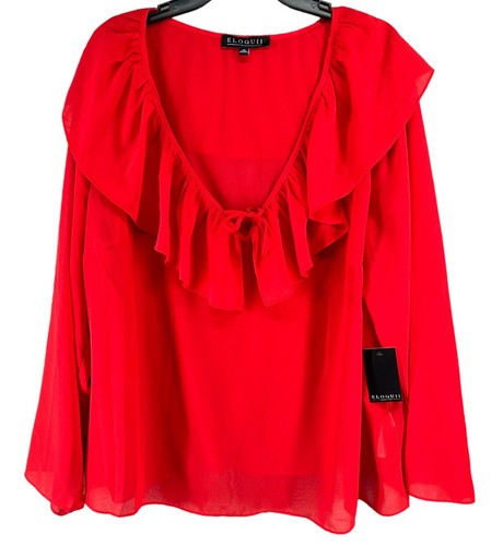 NWT Eloquii Red Ruffle Tie Neck Sheer Pullover Top Size 22 - Picture 17 of 17
