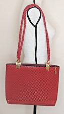 Vintage Bright Red Metal Mesh Chainmail Handbag Shoulder Bag Purse Gold Details