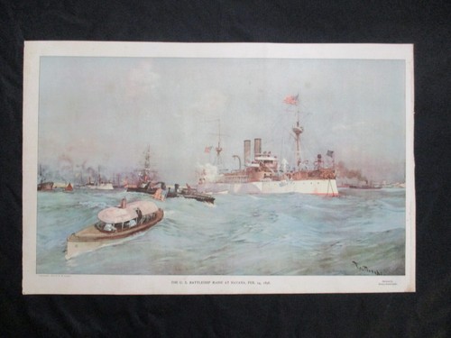 1899 Spanish American War Print - U.S. Battleship Maine at Havana Harbor, Cuba