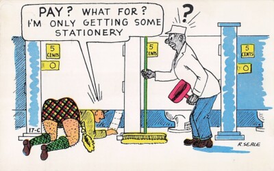Postcard Humor Under bathroom stall toilet paper hairy legs Baxter Lane 17-C