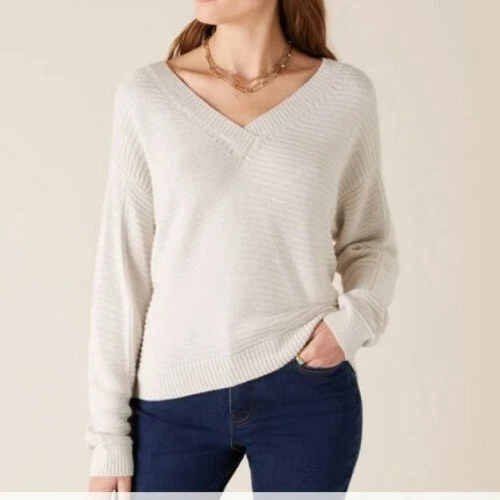 Monsoon V Neck Stitchy Yarn Jumper Uk Large Ivory Ribbed Bnwt - Picture 2 of 6