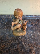 Anri wood carving Figurine statue Nature Girl with bunny & flowers  by Ferrandiz