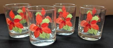 Vintage-Crisal-Portugal-Set Of 4-Poinsettia Old Fashioned Holiday Glasses w/Box