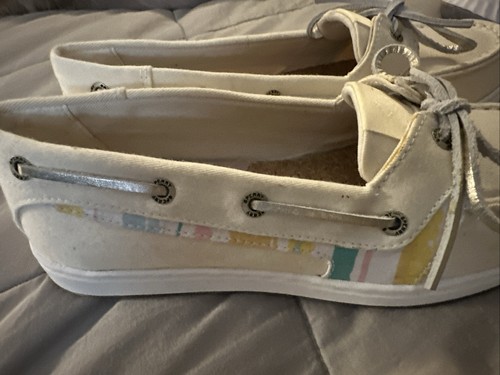 Off White Womens Sperry Topsider Shoes With Pastel Stripes Size 7 New w/o Box - Picture 2 of 4