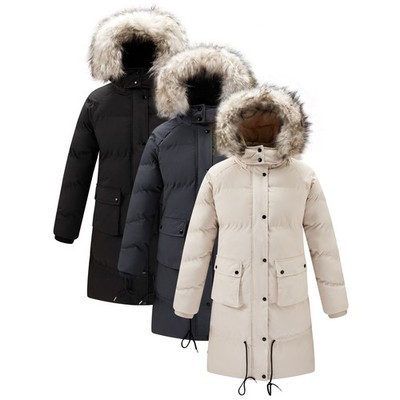 Damen wasserabweisend wattiert gesteppt Winter Fellbesatz Kapuze Parker Mantel Gr.
