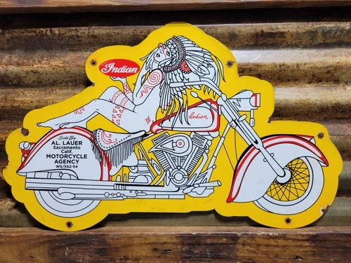 VINTAGE INDIAN MOTORCYCLES PORCELAIN SIGN 24" DEALER SALES SERVICE WOMAN CHIEF