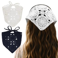 2-Pack Soft and Breathable Black and White Crochet Triangle Bandanas with Lac...