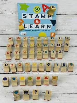 Stamp & Learn Wooden Letters Numbers Shapes With 50 Page Book Chuckle & Roar