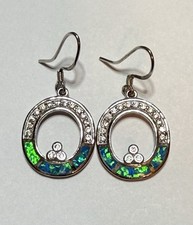 925 Sterling Silver Blue Fire OPAL Inlay  Gem Open Circle Dangle 1.25  Earrings