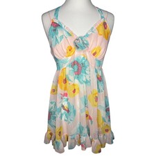 Betsey Johnson Intimates Pink Yellow Blue Sheer Floral Babydoll Ruffle Dress L