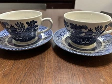 Churchill Blue Willow Teacups & Saucers (Set of 2) - Vintage Made In England