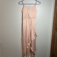 NWT Express Spaghetti Strap Blush Pink HighLow Maxi Dress XS Cascading Hem Satin