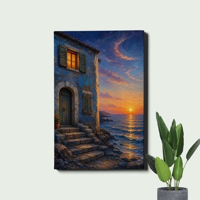 Seaside cottage at sunset Canvas Print coastal house ocean landscape painting