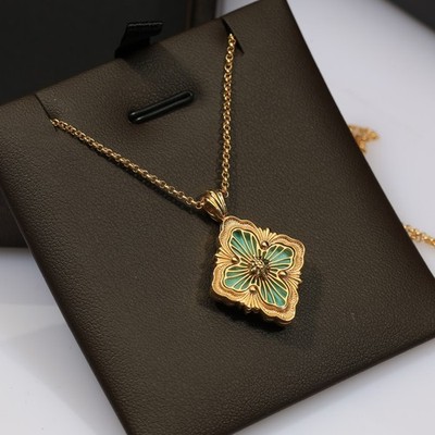 Buccellati Opera Tulle Necklace Green Amazonite Backing 18K Gold Pendant