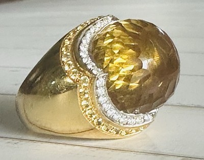 Heavy Designer 18k Gold Faceted Citrine Cabochon Sapphire Diamond Ring 17.86gms