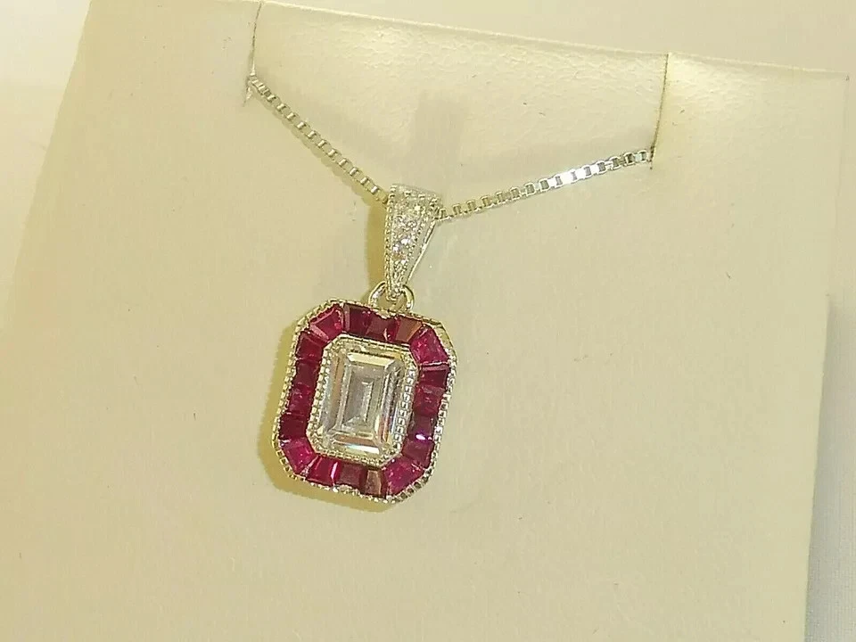 2.50Ct Art Deco Design White Lab-Created Diamond & Ruby Solid 925 Silver Pendant - Image 2 of 4
