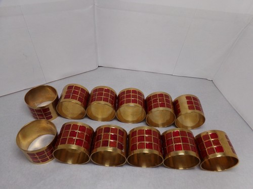 12 Brass Napkin Rings Holder Inlaid Enamel Red / Orange Geometric Design Vintage - Picture 10 of 15