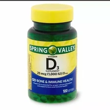 Spring Valley Vitamin D3 Softgels, 25mcg, 1,000 IU, 100 Count ( Free Shipping )