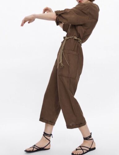 NWT ZARA Women's Brown Wide Belted Linen Jumpsuit Size S #OS476 | eBay