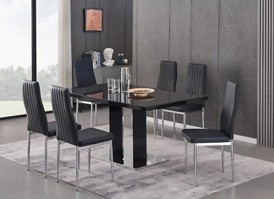 FURNIZONE UK Dining Table Set Black Glass and High Gloss Rectangle 6 Faux Leather Chairs