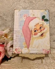 Pink Retro Santa, Shabby Chic Cottage, Christmas Handcrafted Plaque / Sign