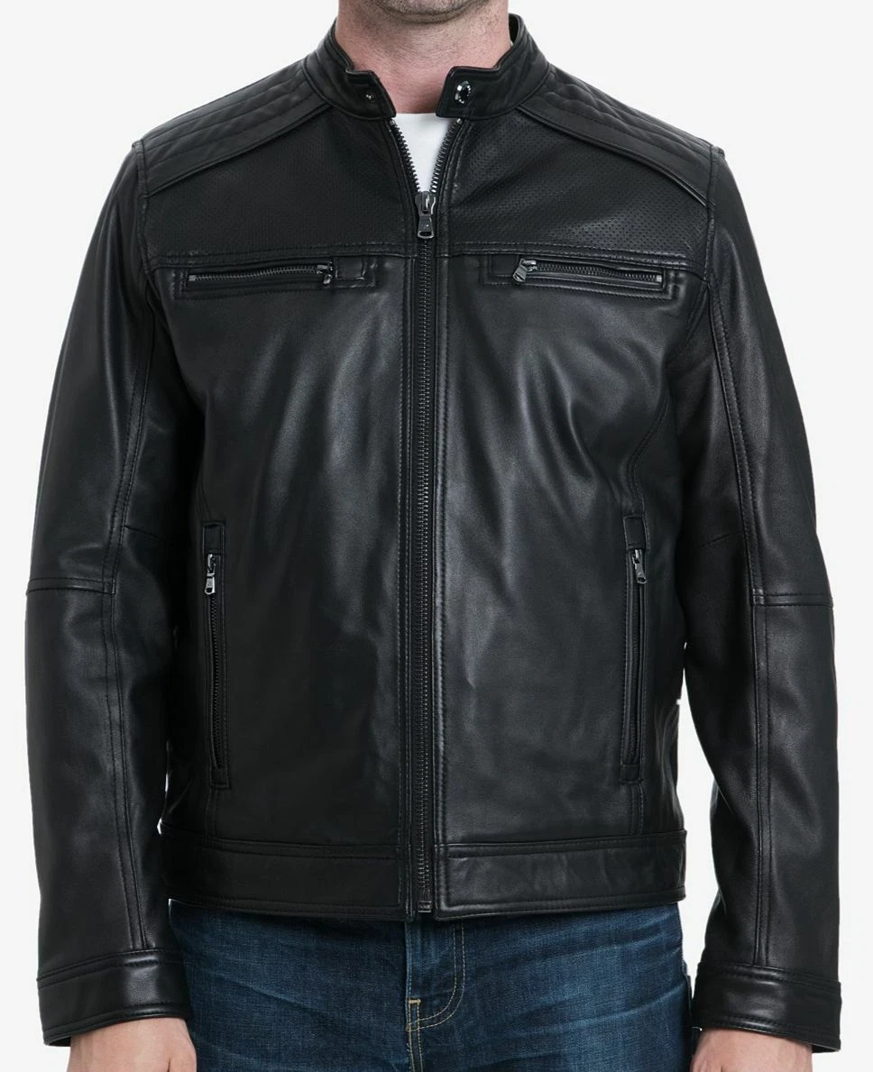 $595 Michael Kors Men's Black Leather Zip-Up Moto Biker Warm Coat Jacket Size M