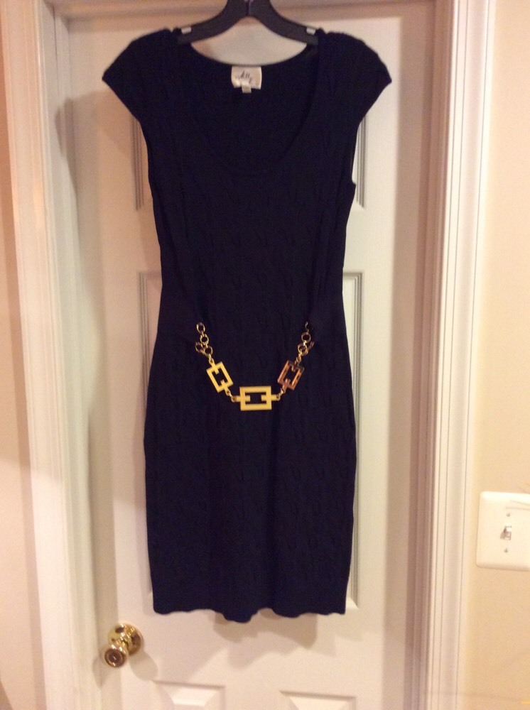 Milly Black Knit V-Neck Gold Belt Dress Size Small