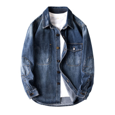 Men Loose Fit Washed Denim Shirt Casual Long Sleeve Top Workwear