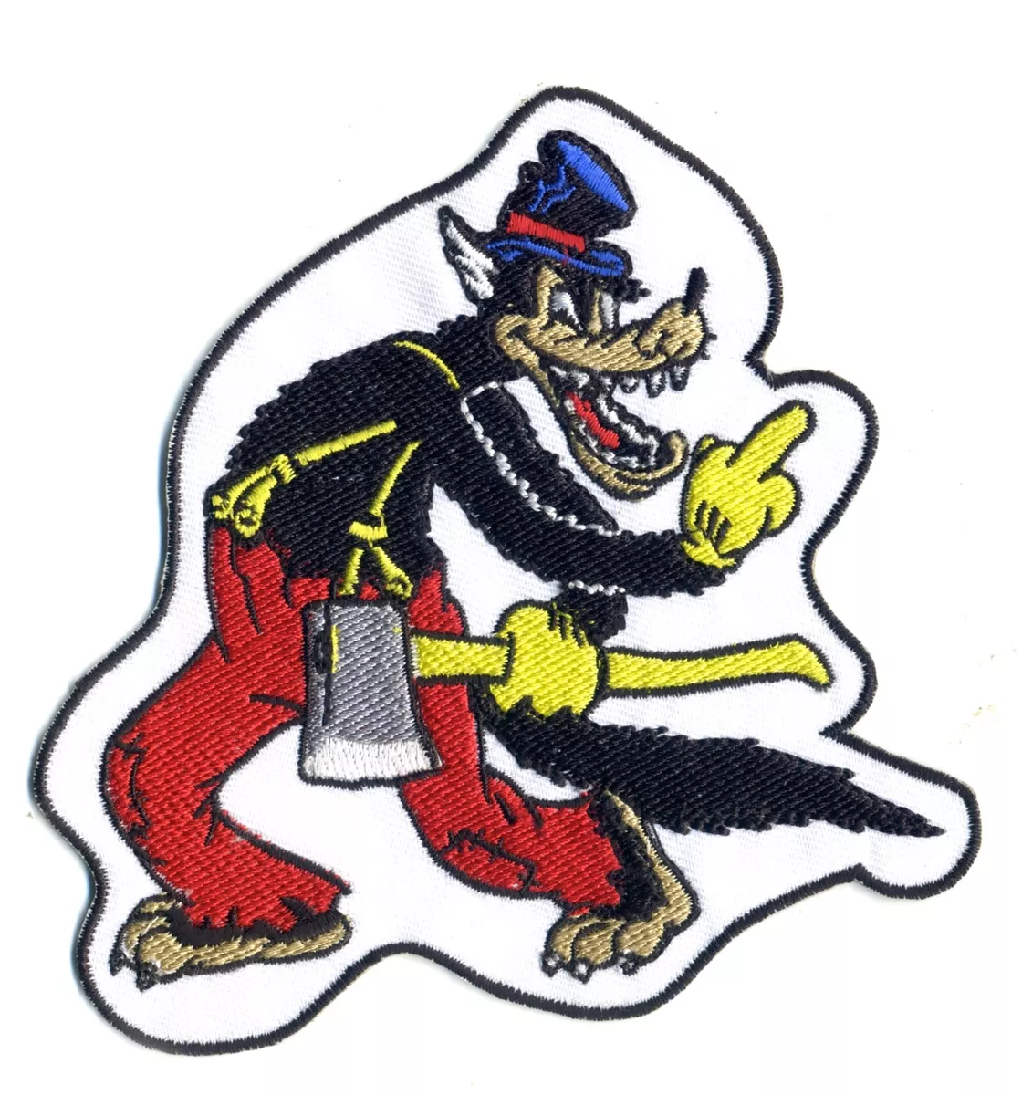 Big Bad Wolf Patch Middle Finger Wolfy Cartoon with Axe Retro Tattoo Left