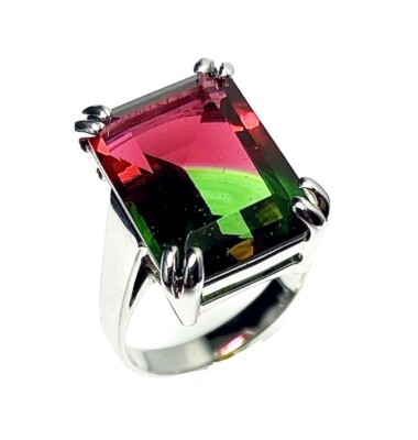 R0768W Wassermelone Farbe Helenit Rechteck 12 x 16 mm 16,8 kt Sterlingsilber Ring