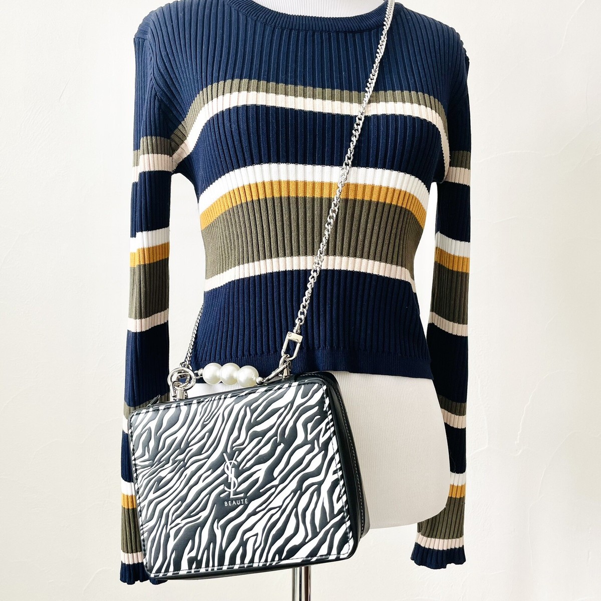 YSLページ② YSL Zebra Vanity Case with Silver Crossbody Chain and Pearl