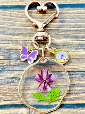 Pink Flower Butterfly Gold Heart Swivel Key Chain Backpack Tag Purse Charms