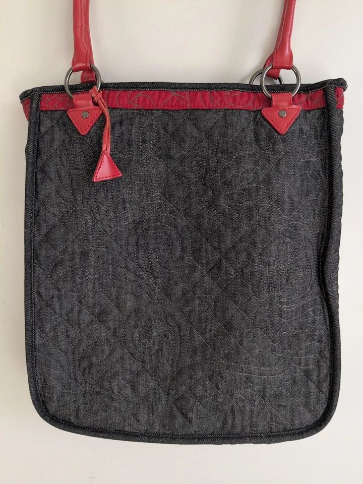 Chicos Black Denim Quilted Tote Bag Red Handles Shoulder Satchel Purse Carryall - Image 2 of 4