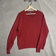 Vintage Polo Ralph Lauren Red Cable Knit Cotton Sweater Pony Winter Size Large