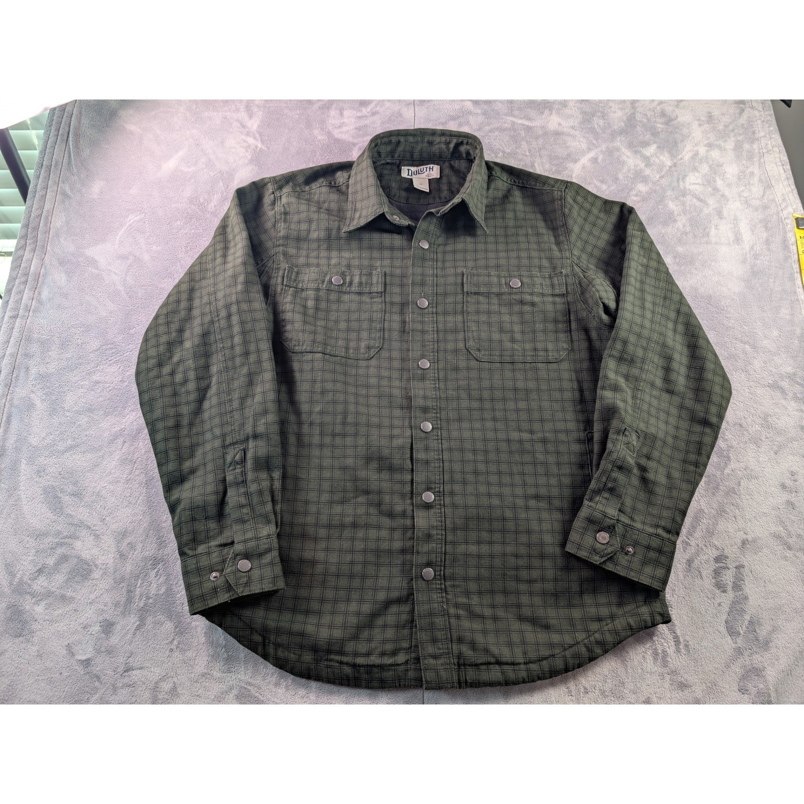 Duluth Trading Co Mens Green Plaid Lined Snap Front Shirt Jacket Medium Cotton image 2