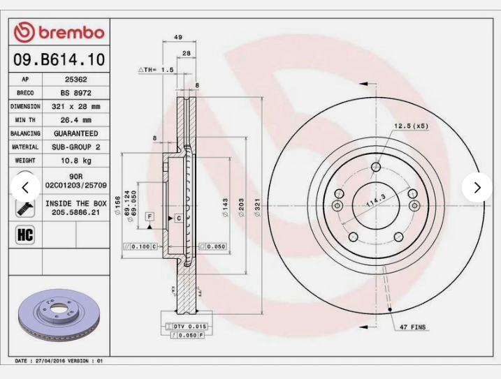 1x BREMBO 09.B614.10 Brake Disc Front Fits Hyundai Grand Santa Fé Santa Fe Kia