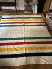 Vintage Hudson's Bay 4 Point Wool Stripe Blanket Made In England Label 74" x 90"