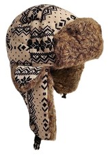 SA Company Mens Trapper Hat Secure Around Chin Winter Theme Cream/Brown EUC