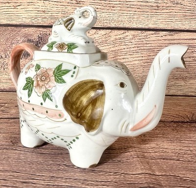 Vintage Blue White Elephant Teapot Ceramic Chinoiserie Floral Asian Decor