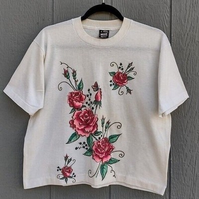 Vtg 90s Best Fruit of the Loom Painted Floral Crop Top Lg USA Single Stitch
