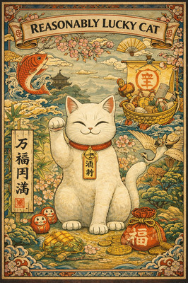 Vernünftig glückliche Katze Fortunate Manekineko Katze japanischer Wohlstand Ukiyoe Mythos