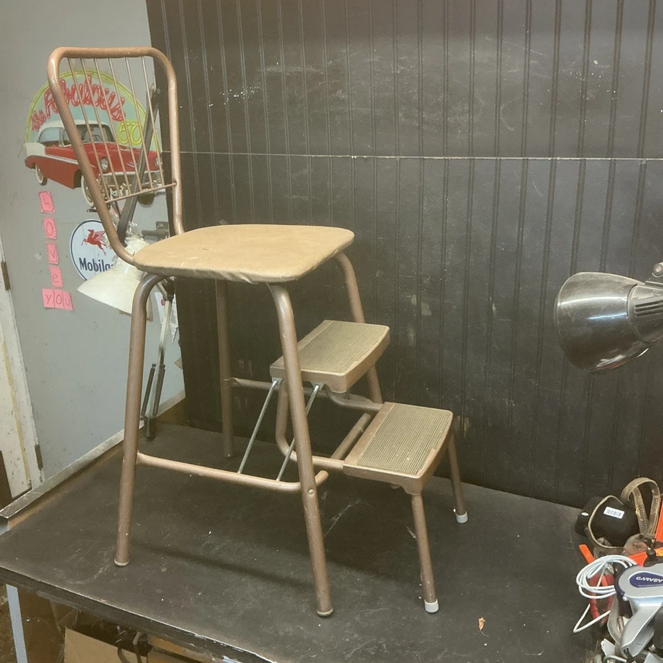 Mid Century Cosco Retro Style Farmhouse Counter Chair/Step Stool Chrome Tan - Image 3 of 4