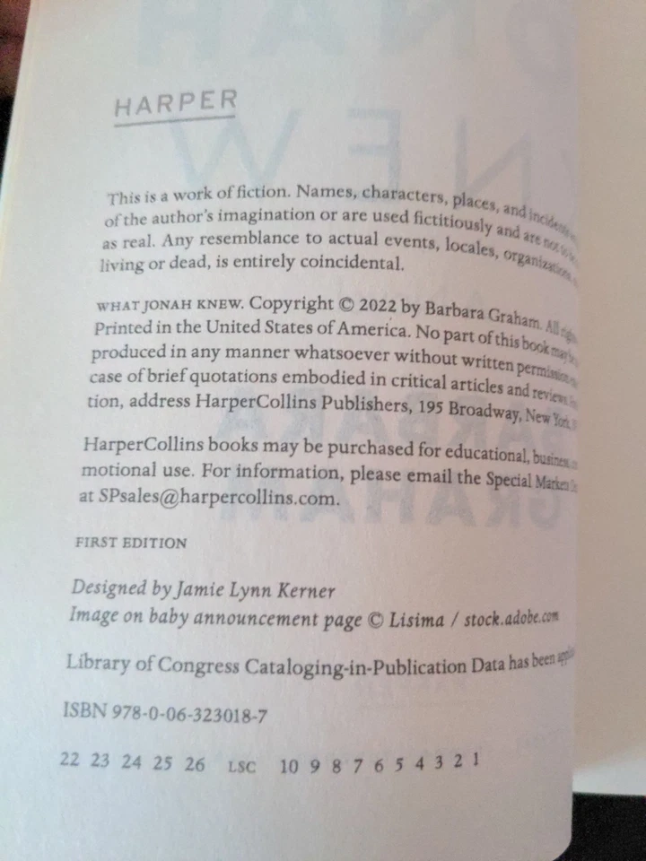 Uncorrected Proof - What Jonah Knew : A Novel by Barbara Graham 2022 PB ARC  - Image 3 of 4